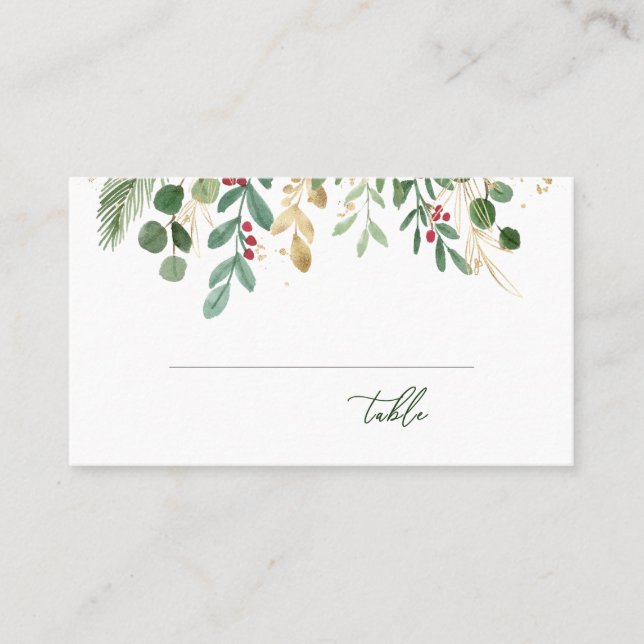 Carte De Placement Mariage de Noël avec Feuillage et Baie Rouge (Devant)