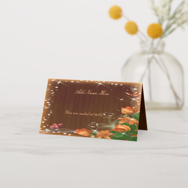 Carte De Placement Mariage de papillon floral en bois foncé rustique (Devant)