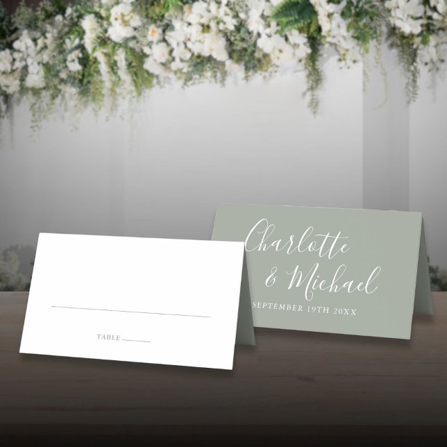 Carte De Placement Mariage de script de signature verte Sage (Sage Green Signature Script Wedding Place Card)