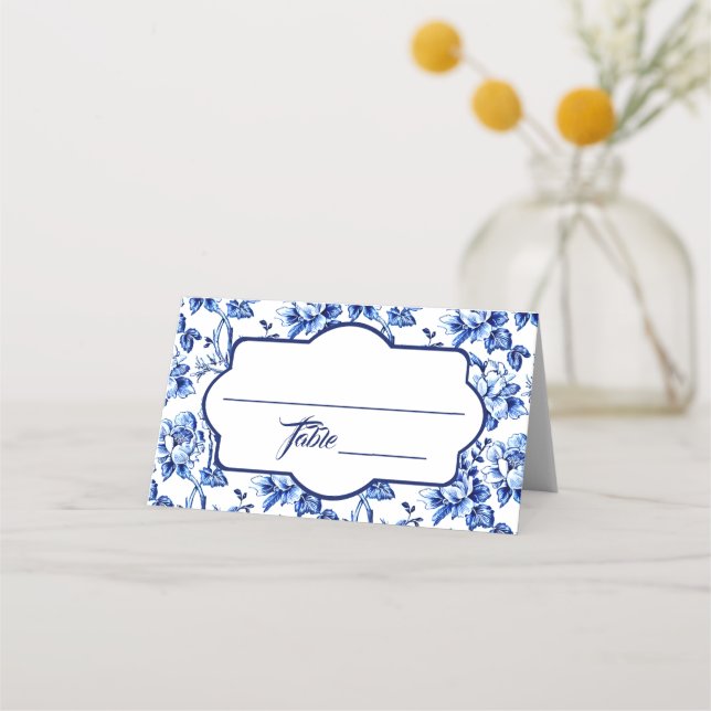 Carte De Placement Mariage de toile Florale Bleu et Blanc (Devant)