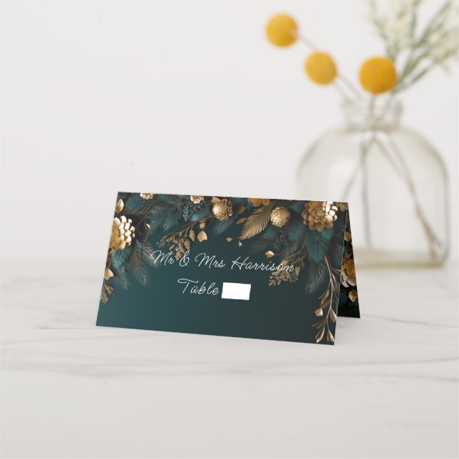 Carte De Placement Mariage d'hiver élégant vert chasseresse or (Dos)