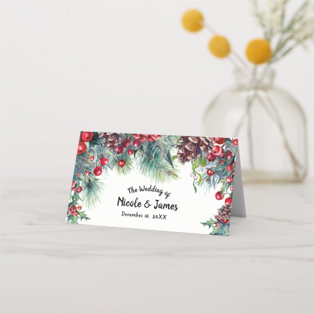 Carte De Placement Mariage d'hiver Holiday Holly Berry Pine Cone Tabl (Devant)