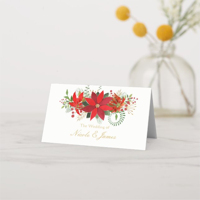 Carte De Placement Mariage d'hiver Poinsettia Fête Table Siège (Devant)