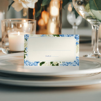 Carte De Placement Mariage Élégant aux Hortensias Bleus et Roses Blan