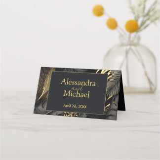 Carte De Placement Mariage Feuille moderne Black Gold Tropical