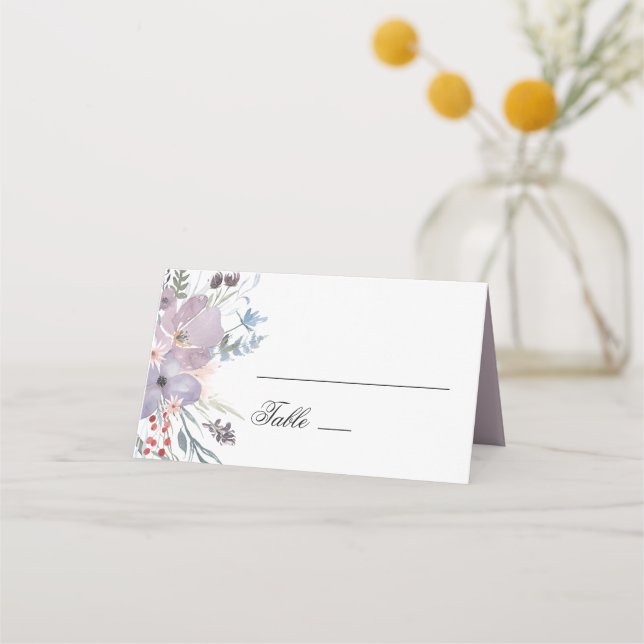 Carte De Placement Mariage fleurie violette. Fleurs de lavande aquare (Devant)