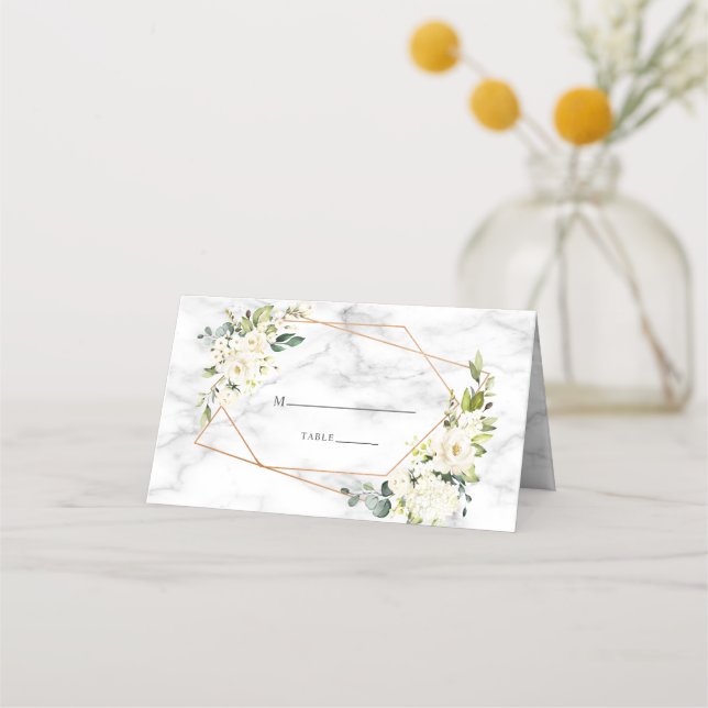 Carte De Placement Mariage floral blanc blanc en marbre géométrique c (Devant)