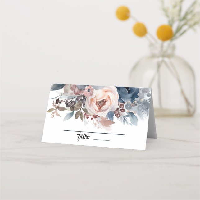 Carte De Placement Mariage floral bleu bleu bleu marine rose (Devant)