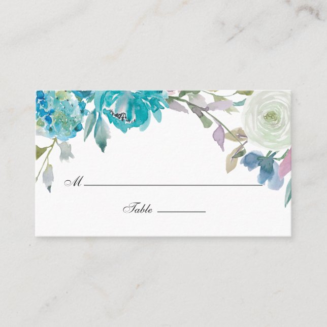 Carte De Placement Mariage floral bleu et turquoise (Devant)