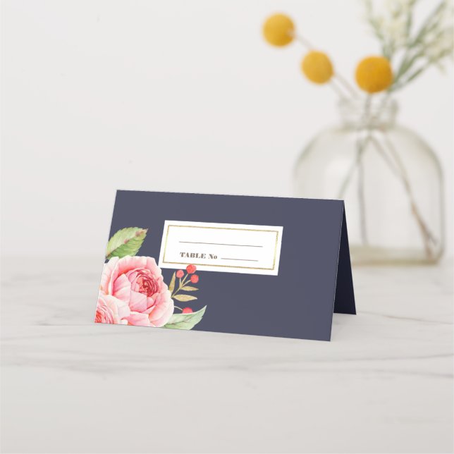 Carte De Placement Mariage floral bleu marine (Devant)