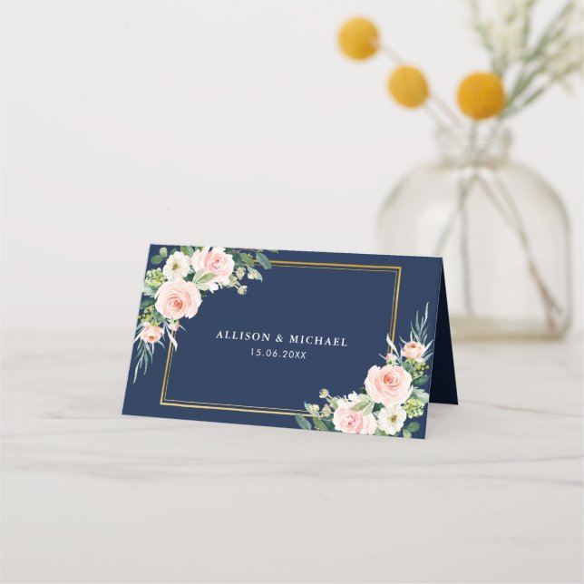Carte De Placement Mariage floral bleu marine et couleur bleu marine (Dos)