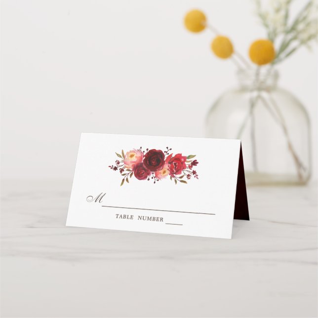 Carte De Placement Mariage floral de la Bourgogne Marsala Rouge Roses (Devant)