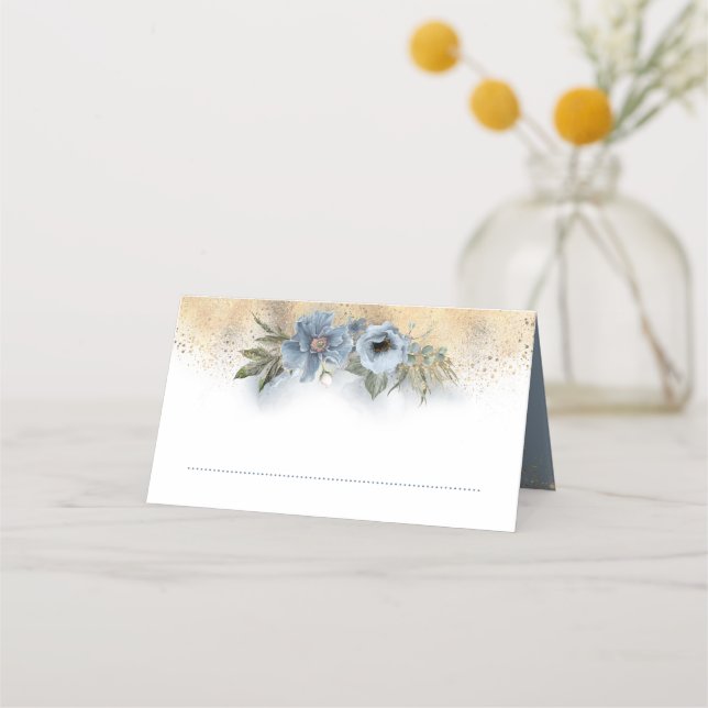 Carte De Placement Mariage floral Dusty Blue et Parties scintillant o (Devant)