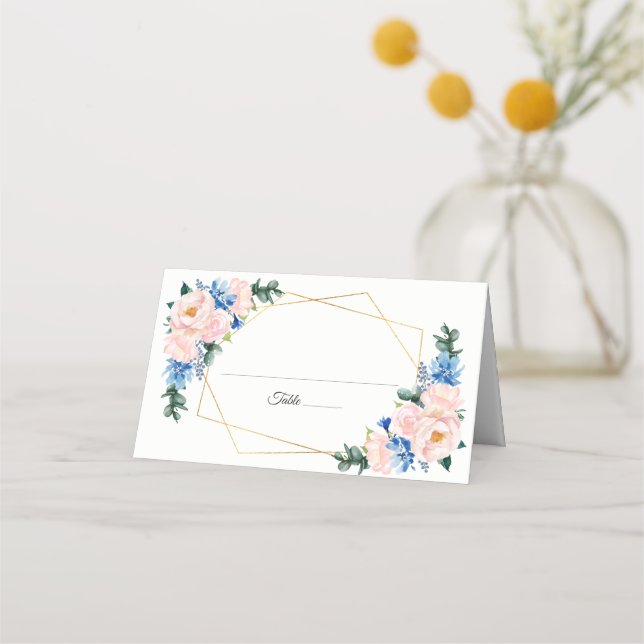Carte De Placement Mariage floral géométrique bleu foncé rose (Devant)