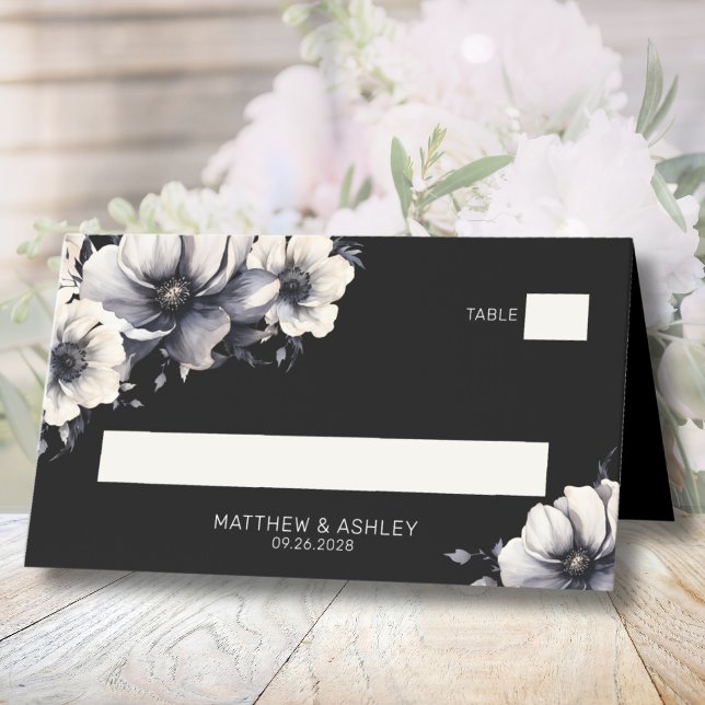 Carte De Placement Mariage floral moderne et élégant noir (Elegant Black Floral Wedding Place Card)