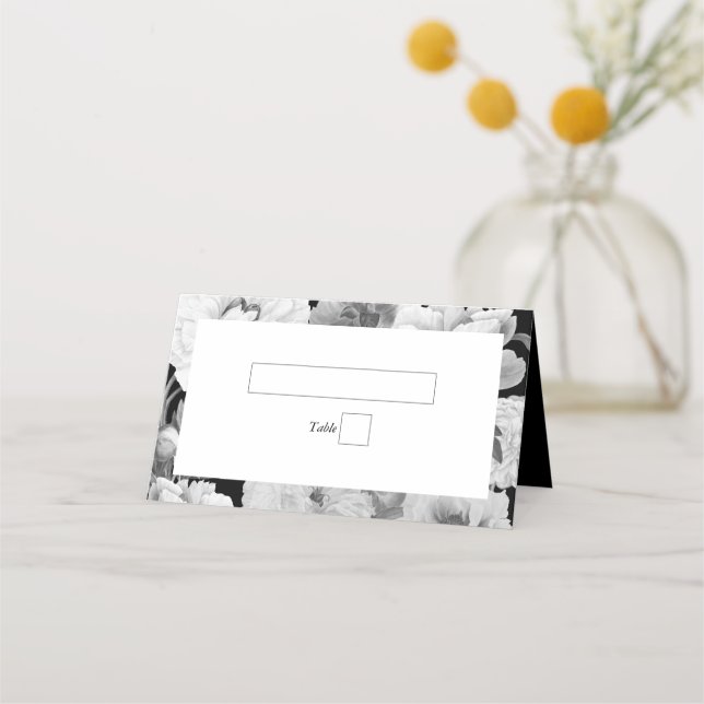 Carte De Placement Mariage floral noir et blanc Peonies d'aquarelle (Devant)