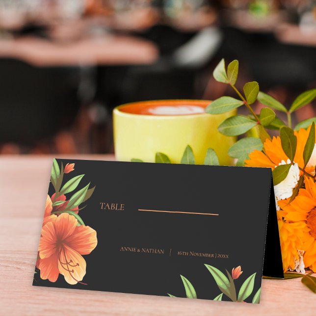 Carte De Placement Mariage floral orange foncé tendance (Trendy Dark Moody Orange Floral Wedding Place Card)