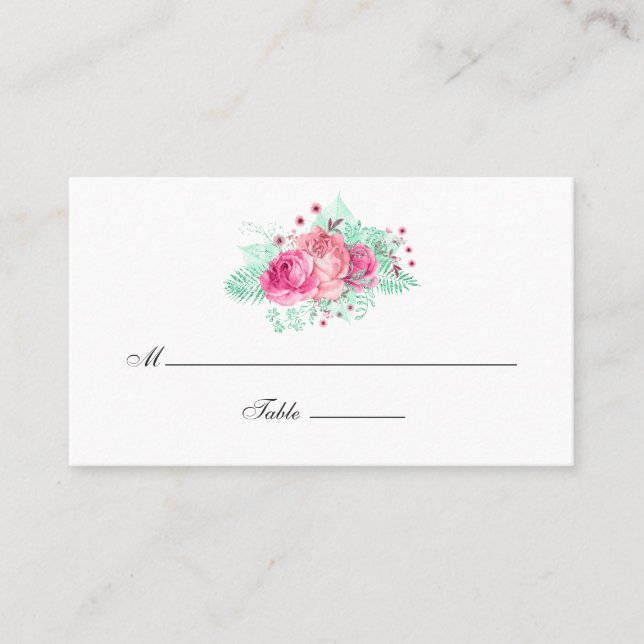 Carte De Placement Mariage floral rose et menthe Numéro de table (Devant)