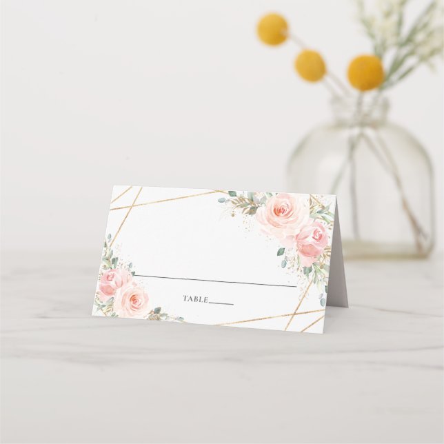 Carte De Placement Mariage géométrique floral rose pâle Nom de l'invi (Devant)
