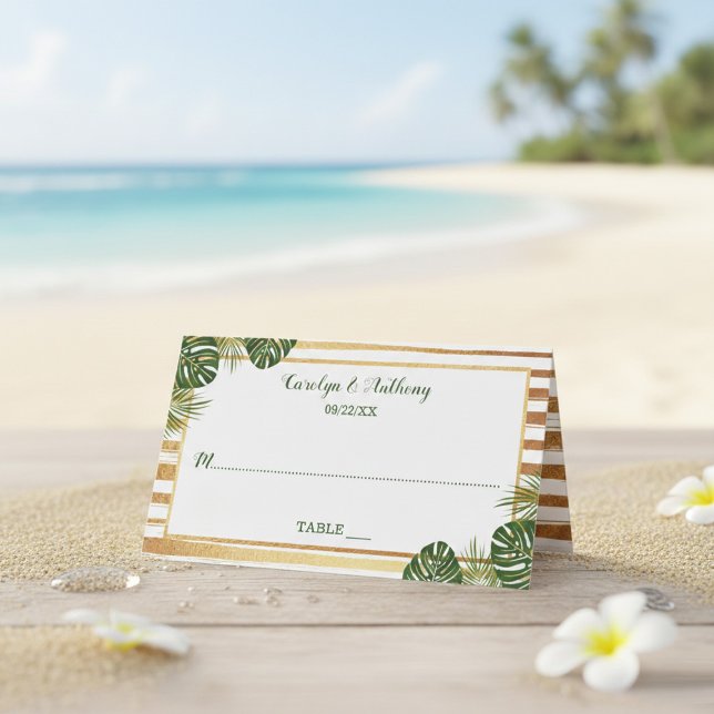 Carte De Placement Mariage Gold Foil & Green Palm Leaf Beach (Créateur téléchargé)