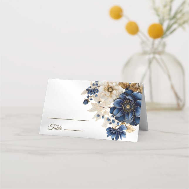 Carte De Placement Mariage Marine Bleu Blanc Or Floral Argent (Devant)
