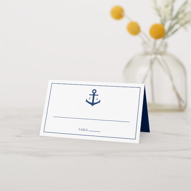 Carte De Placement Mariage Naudtique Monogramme Ancre Bleu Marine (Devant)