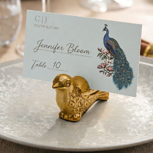 Carte De Placement Mariage Paon et Magnolia Bleu Français