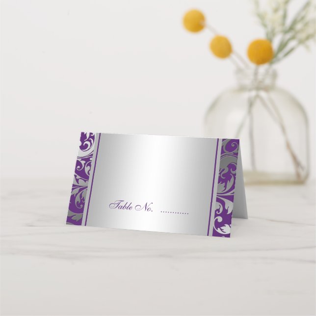 Carte De Placement Mariage plié de  de torsades pourpres et argentées (Devant)