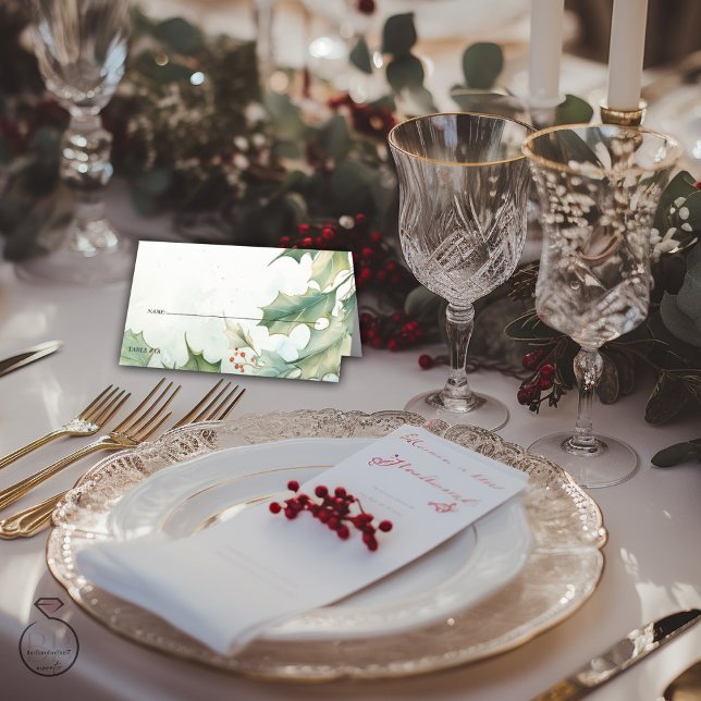 Carte De Placement Mariage | Rustic Winter Holly et Berries (Créateur téléchargé)