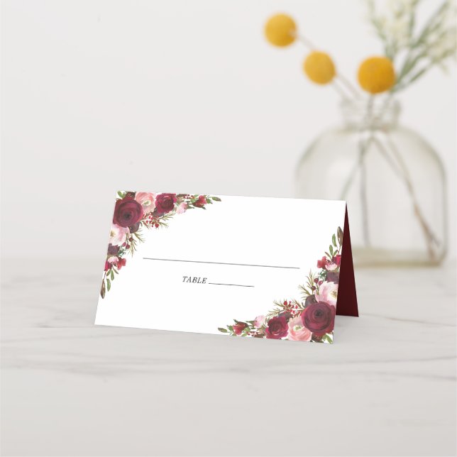 Carte De Placement Mariage Rustique Blush Bourgogne Fleurs (Devant)
