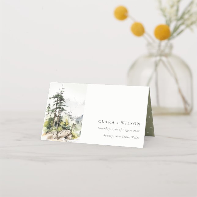 Carte De Placement Mariage Sketch Paysage de montagne de Soft Woods (Devant)