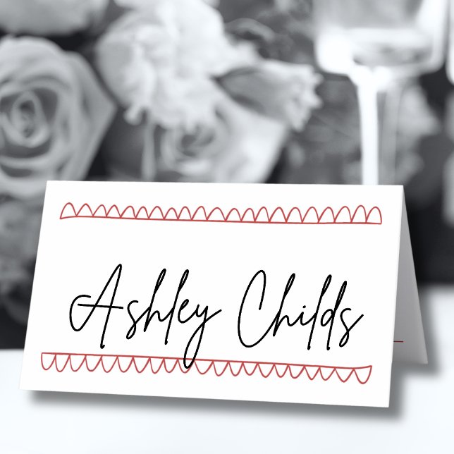 Carte De Placement Mariage Whimsical rouge français tiré à la main (Hand Drawn French Red Whimsical Wedding Place Card)