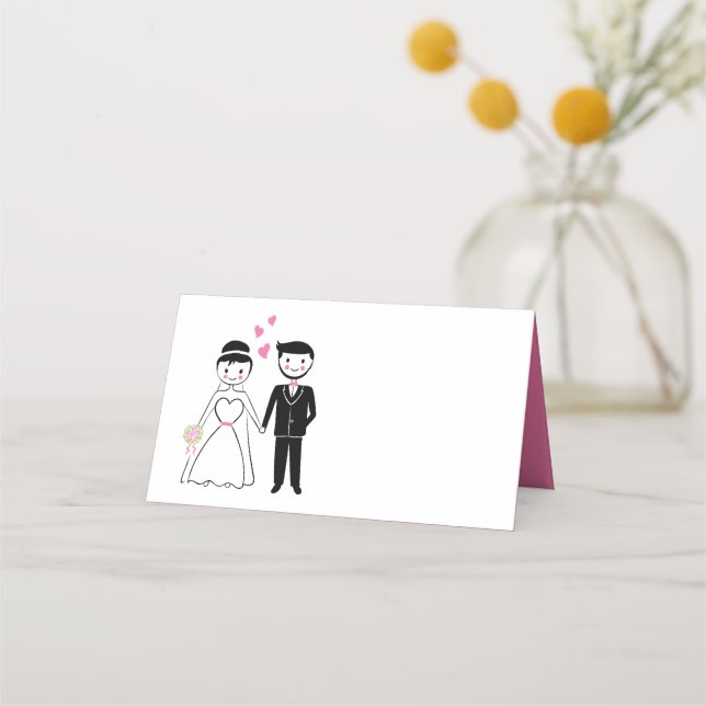Carte De Placement Mariée en caricature Groom Soirée de mariage rose (Devant)