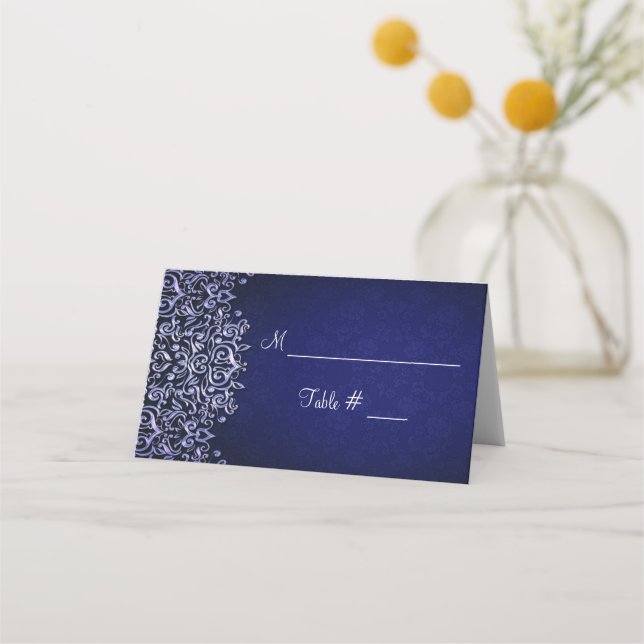 Carte De Placement Marine Bleu et blanc Damas Mariage d'hiver (Devant)