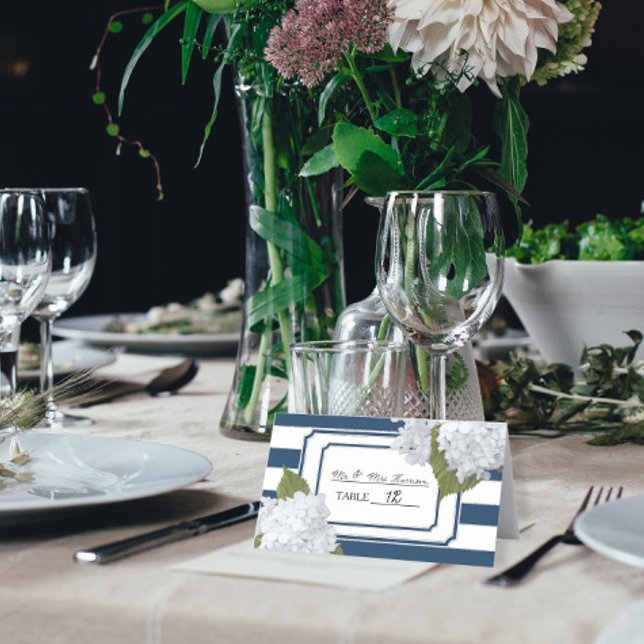 Carte De Placement Marine Bleu et Blanc rayé Hydrangea Art Floral (Créateur téléchargé)