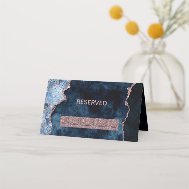 Carte De Placement Marine Blue Rose Gold Agate Réservé Mariage de siè (Devant)