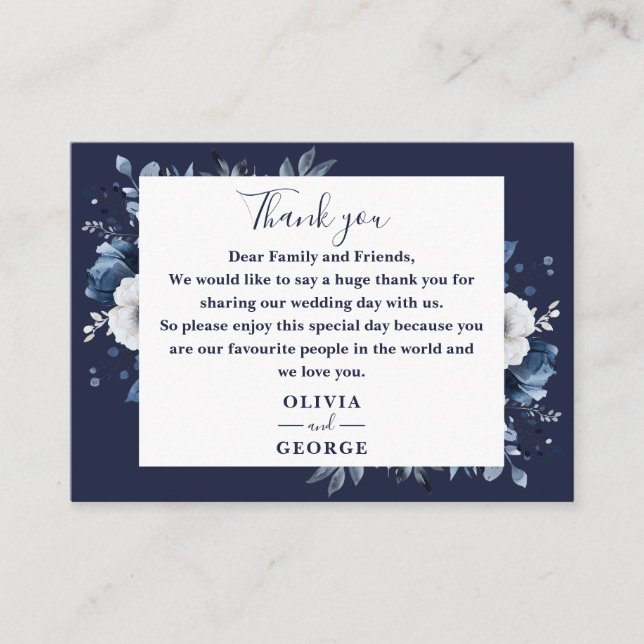 Carte De Placement Marine Pays Bleu Floral Mariage Merci (Devant)
