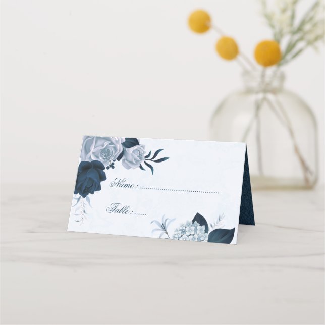 Carte De Placement Marine romantique et fleurs bleues poussiéreuses (Devant)