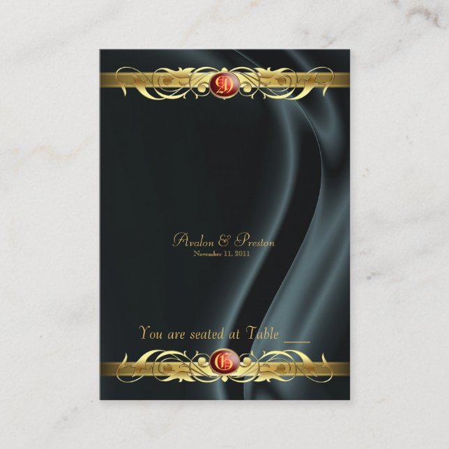 Carte De Placement Marquis Black Silk Gold Scroll Ruby Placecard (Devant)