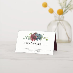 Carte De Placement Marsala et Mariage floral bleu aquarelle