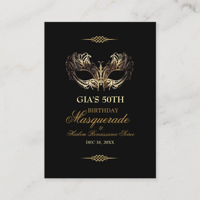 Carte De Placement Mask Black Gold 50th Masquerade Birthday  (Devant)