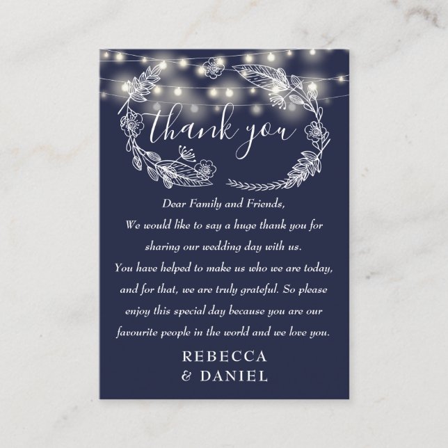 Carte De Placement Merci à cordes Lumières Marine Mariage bleu marine (Devant)