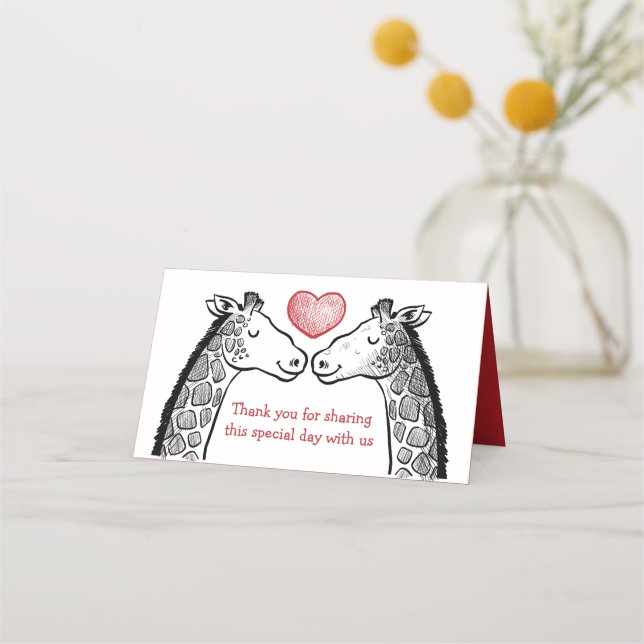Carte De Placement Merci de Bourgogne rouge Giraffe Love Wedding Part (Devant)