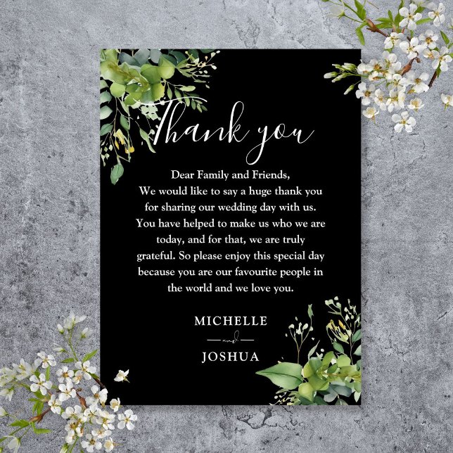 Carte De Placement Merci Mariage Floral Noir Et Blanc (Greenery Floral Black And White Wedding Thank You Place Card)