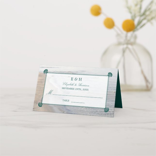 Carte De Placement Monogramme élégant et mariage Turquoise sur la pla (Devant)