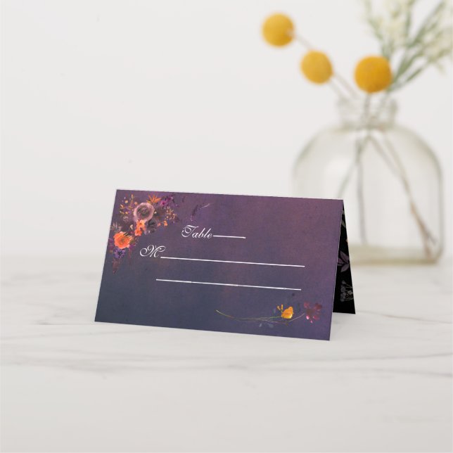 Carte De Placement Monogramme gothique floral foncé d'automne violet (Devant)