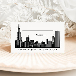 Carte De Placement Monogramme Mariage Art déco de Chicago Skyline Bla