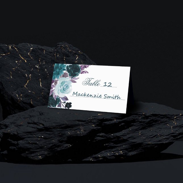 Carte De Placement Moody Boho | Floral foncé Turquoise et turquoise (Créateur téléchargé)