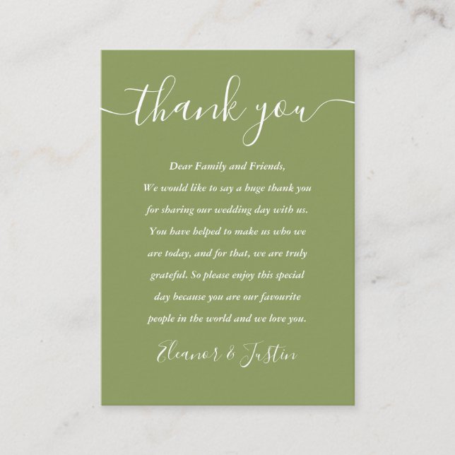 Carte De Placement Moss Green Élégant Mariage de script moderne Merci (Devant)