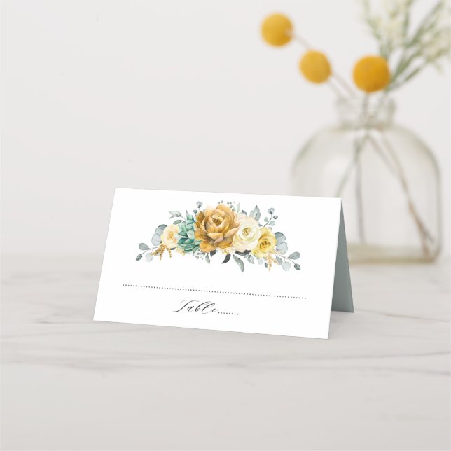 Carte De Placement Mustard Jaune Floral Sage Vert Mariage moderne (Devant)